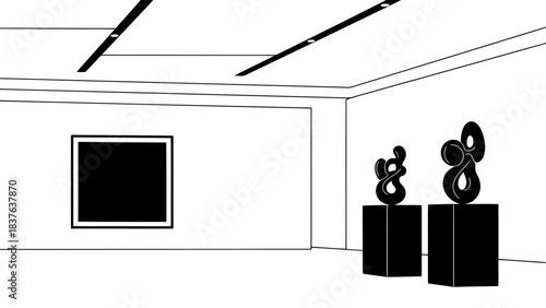 Modern art gallery exhibition with abstract sculptures and artwork