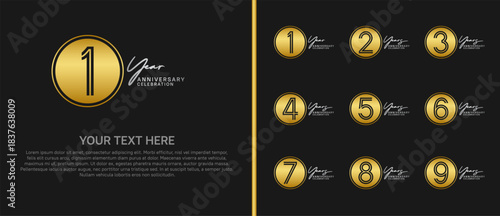 anniversary logo set with circle. gold and silver color on black background for celebration moment