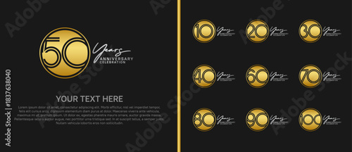 anniversary logo set with circle. gold and silver color on black background for celebration moment