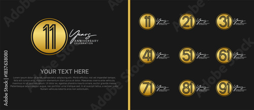 anniversary logo set with circle. gold and silver color on black background for celebration moment