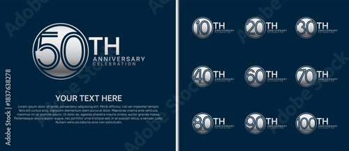 anniversary logo set with circle. silver color on blue background for celebration moment