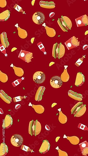 Burgers, hot dogs, fried chicken, and donuts on a vertical red background. Suitable for food menus, social media posts, and restaurant promotions. Perfect for advertising fast food options vibrantly.