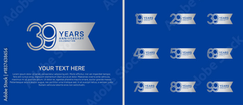 anniversary logo set with ribbon shape. silver color on blue background for celebration moment