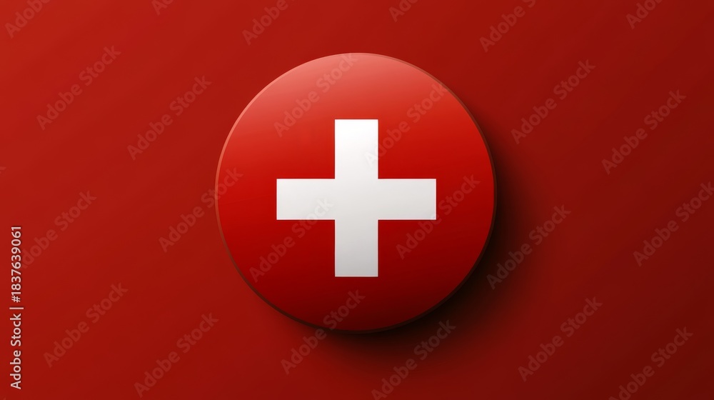 Obraz premium 86.Swiss flag designed in a perfect circle, with a bold white cross centered on a vibrant red background, crisp and clean vector design with a subtle shadow effect.