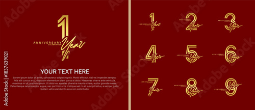 anniversary logo set with handwriting. gold color on red background for celebration moment
