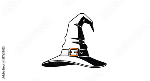 A classic black and white illustration of a pointed witch hat with a buckle perfect for Halloween costumes and decorations.