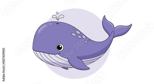 A very cute purple cartoon whale with spots on its back spouting water from its blowhole on a plain white background.