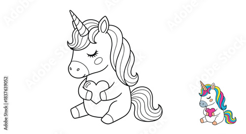 A cute unicorn with closed eyes holding a heart for a children's coloring page with a small colored example for reference.