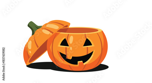 A carved Halloween jack-o-lantern pumpkin with a happy smiling face and the top lid removed like a container or bucket.