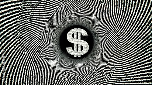 cynicism. A distorted spiral pattern featuring a currency symbol at its center in monochromatic graphic design style. pitch deck slides.