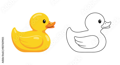 A bright yellow rubber duck for bath time shown in a full color illustration and as a simple black and white outline.