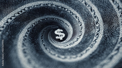 cynicism. A distorted spiral pattern featuring a currency symbol at its center in monochromatic graphic design style. pitch deck slides.