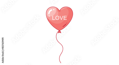 A single pink heart-shaped balloon with the word love written on it floating on a string for a romantic celebration.