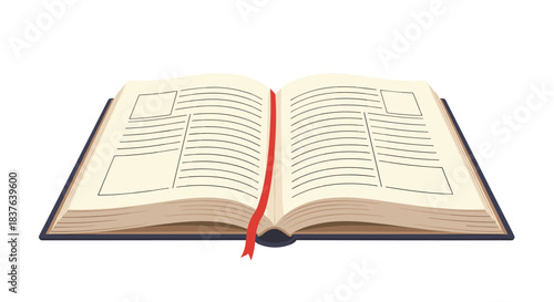 An old-fashioned hardcover book is open to the middle pages with a red ribbon bookmark showing a family tree chart.