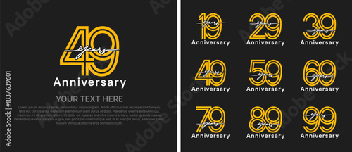 anniversary logo set with handwriting. yellow and white color on black background for celebration moment