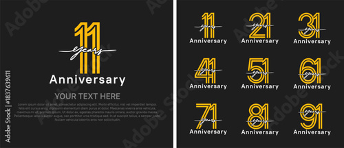 anniversary logo set with handwriting. yellow and white color on black background for celebration moment