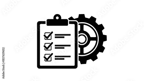 Vector illustration of checklist on clipboard with gears, symbolizing planning and industry, on transparent background