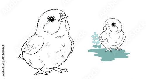 A simple children's coloring page featuring a fluffy baby chick with a small colored example of it standing on grass.