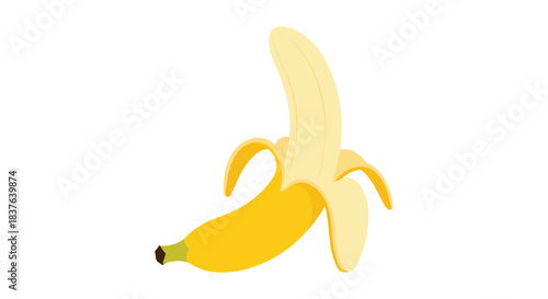A simple and clean vector illustration of a single yellow banana that has been partially peeled to reveal the fruit inside.