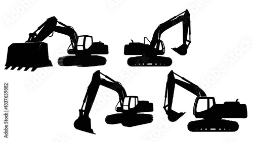 Vector illustration of construction excavators on transparent background, heavy machinery silhouettes