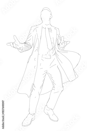 A fashionable man in a trench coat and suit stands with arms outstretched. His slicked-back hair and determined expression convey confidence against the white background.