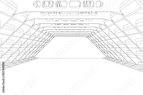 A brutalist interior room contour drawing depicts a futuristic building resembling a sleek spaceship. Its stark walls, ceiling, and architectural details are clearly defined against a white.