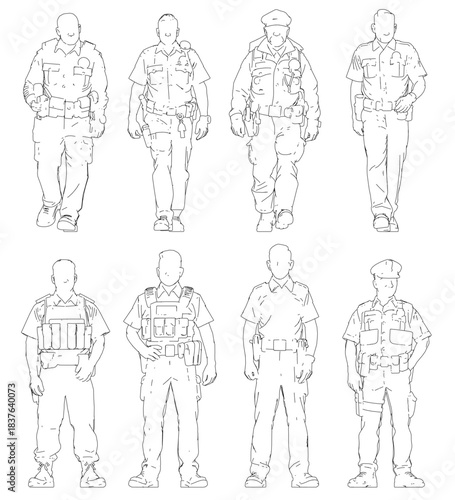 Police officers in varied uniforms and poses stand against a white background with black outlines. Each male officer is equipped with a pistol and special gear. Front view