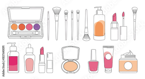 A large set of makeup and cosmetic product illustrations in a minimalist line art style with subtle pastel color accents.
