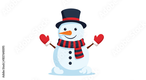 A happy and cheerful cartoon snowman wearing a top hat scarf and red mittens with its arms open on a white background.