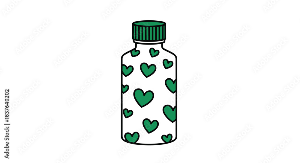 Fototapeta premium A simple vector illustration of a reusable water bottle decorated with a pattern of green hearts and a green cap on a white background.