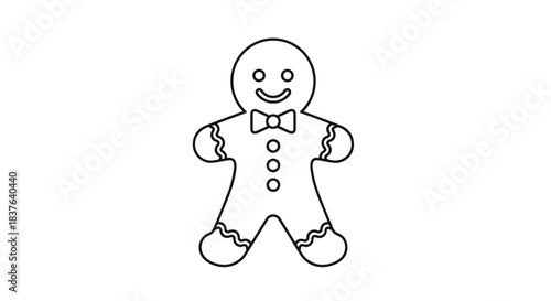 A simple black outline of a classic gingerbread man cookie with a bow tie and buttons for Christmas holiday coloring pages.