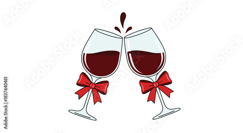 Two cartoon glasses of red wine with decorative red bows are clinking together in a celebratory toast on a white background.