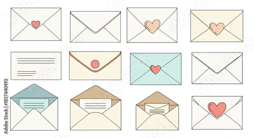 A collection of hand-drawn mail envelopes in various states including open closed and sealed with a heart for romantic letters.