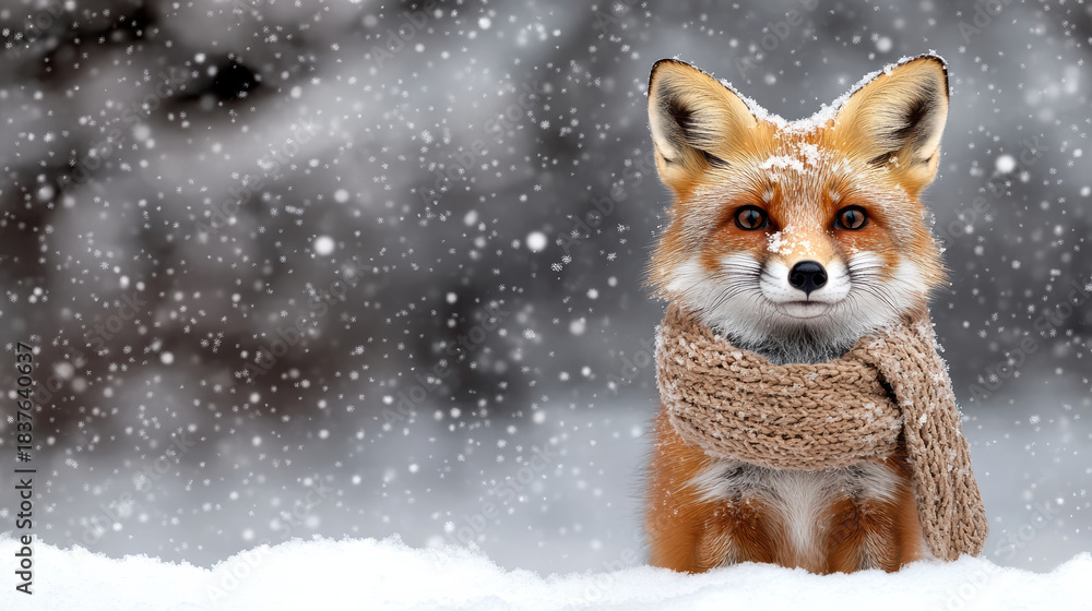 Obraz premium Winter fox wearing knitted scarf stands in snowy forest, serene mood