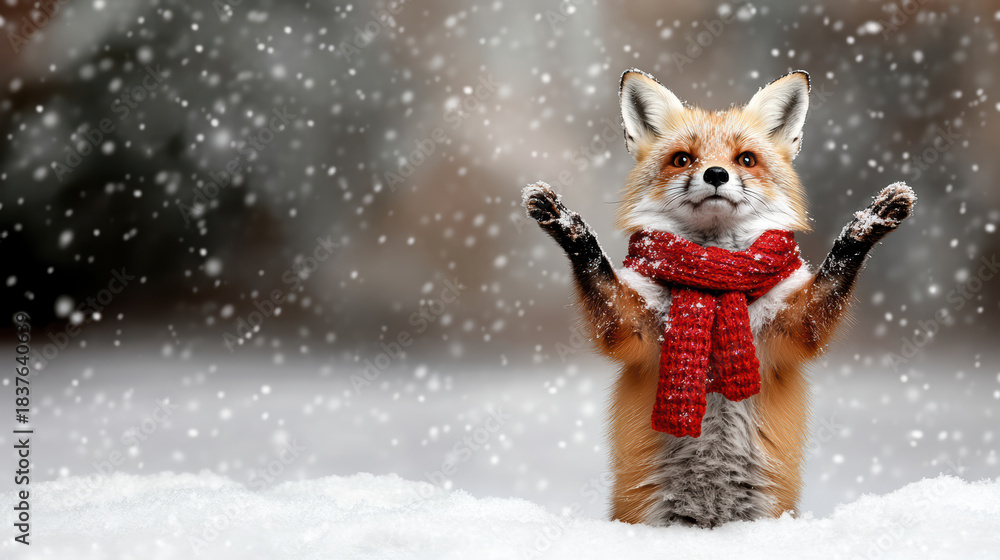 Obraz premium Fox wearing red scarf standing in snowy forest with falling snow, joyful winter mood