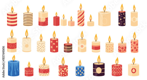 Large collection of colorful burning candles with various festive patterns like stripes stars and dots perfect for holiday decor.