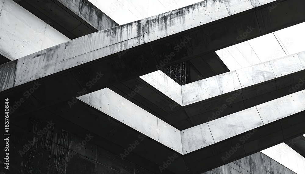 Fototapeta premium A bold black-and-white geometric structure with sharp angles and textured surfaces, creating a modern abstract aesthetic.