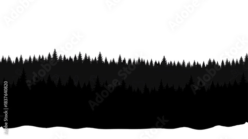 Vector illustration of black silhouette of dense evergreen forest line isolated on transparent background