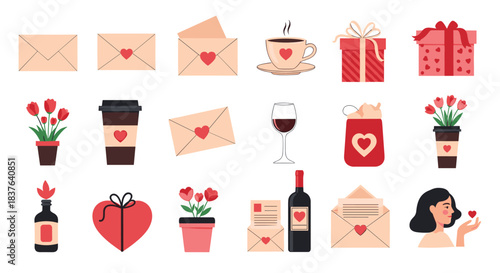 A large collection of Valentine's Day elements including love letters gifts flowers wine and coffee on a white background.