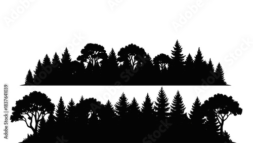 Vector illustration of forest silhouette on transparent background, natural pine trees and deciduous foliage