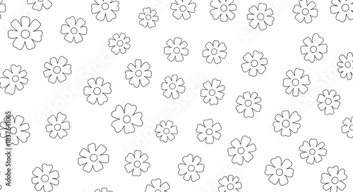 A seamless black and white pattern of simple hand-drawn daisy flowers with a subtle texture creating a minimalist background.