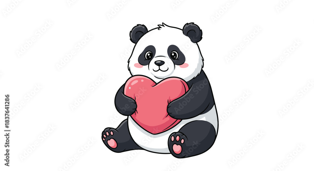 Fototapeta premium An adorable cartoon panda bear sitting down and hugging a large pink heart to show love and affection on Valentine's Day.