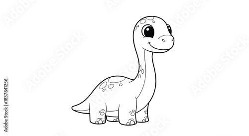 A simple black and white coloring page for young children featuring a cute and smiling baby brachiosaurus dinosaur character.