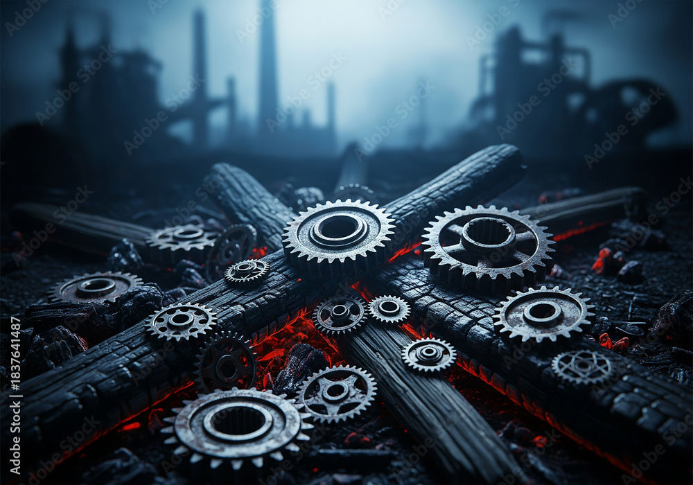 Fototapeta premium Fragmented machinery gears rest upon smoldering logs within a decaying, smog-filled industrial wasteland backdrop