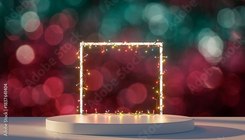 A white round podium and a luminous square frame with Christmas fairy lights.