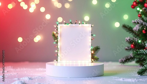 A white round podium and a luminous square frame with Christmas fairy lights.