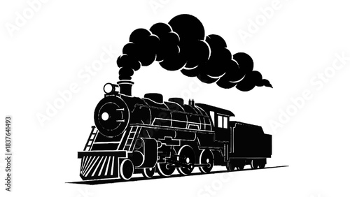 Vector illustration of a vintage steam train, on transparent background, emitting smoke from its funnel