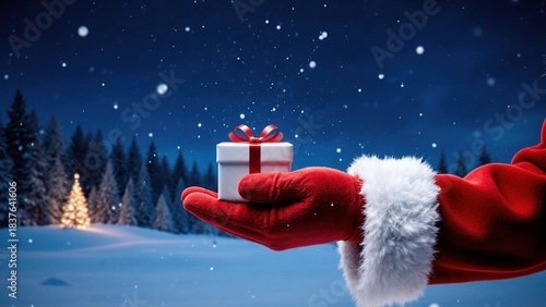Hand Holding Christmas Gift in Snowy Winter Landscape at Night