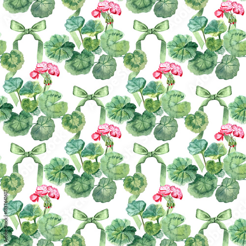 Geranium with pink blossoms and a green ribbon. Hand-painted watercolor seamless pattern isolated on white perfect for garden designs, wrapping paper, textile, invitations, packaging, home decor