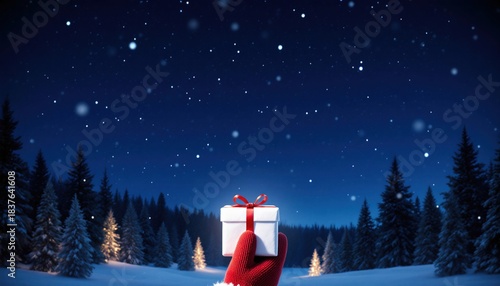 Minimalist Christmas Gift in Snowy Forest under Starry Sky